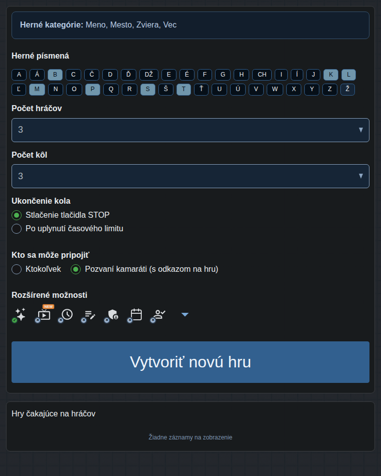 Formulár vytvorenia hry