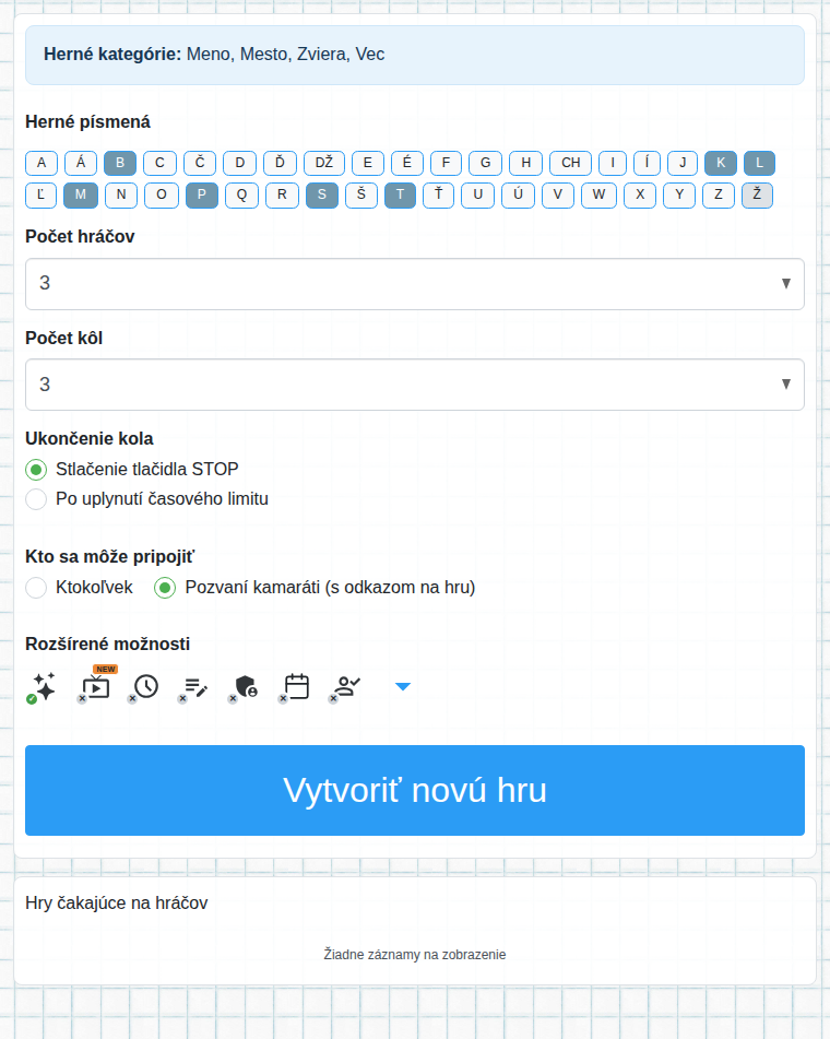 Formulár vytvorenia hry