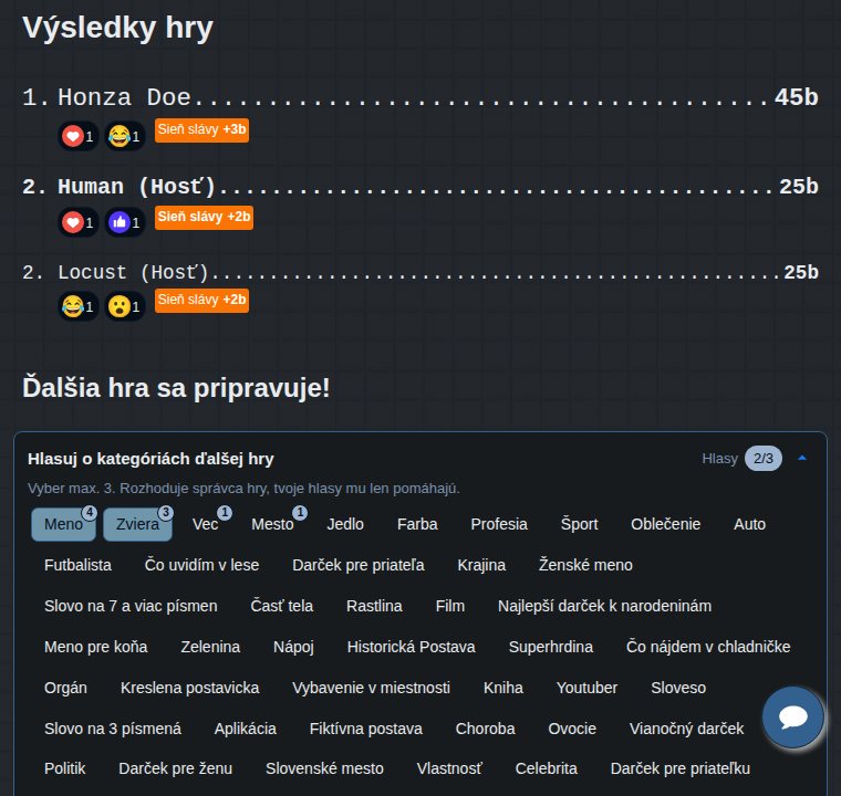 Výsledky hry