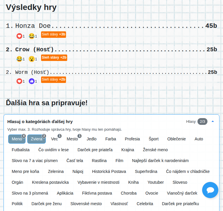 Výsledky hry