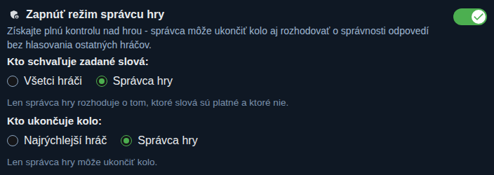 Nastavenie: Režim správcu hry
