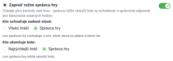 Nastavenie: Režim správcu hry